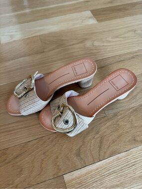 Dolce Vita Cream Woven Mule Sandals with Gold Buckle - Size 6
